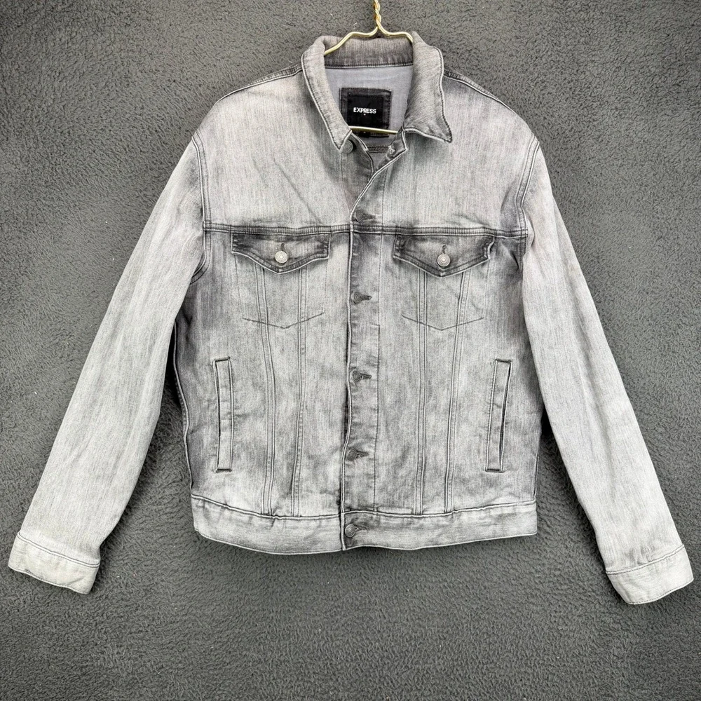 Express Mens Denim Trucker Jacket Medium Light Gray Acid Wash Cotton Blend